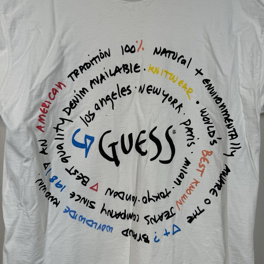 Vtg Guess Made in USA White Swirl Word Design T Shirt One Size Fits All **FLAWS*